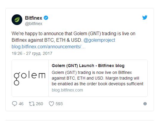 Платформа Bitfinex запустила торги криптовалютами Golem и Status