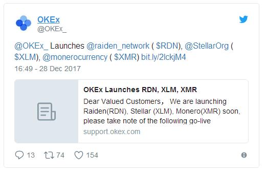 Криптобиржа OKEx добавила в список обслуживаемых активов криптовалюты Stellar и Monero