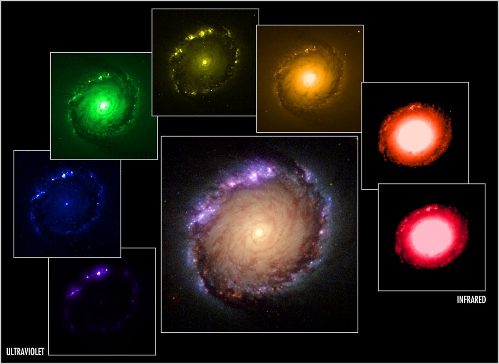 Галактика NGC 1512. Снимки в разных спектрах и в сводном изображении/ © NASA