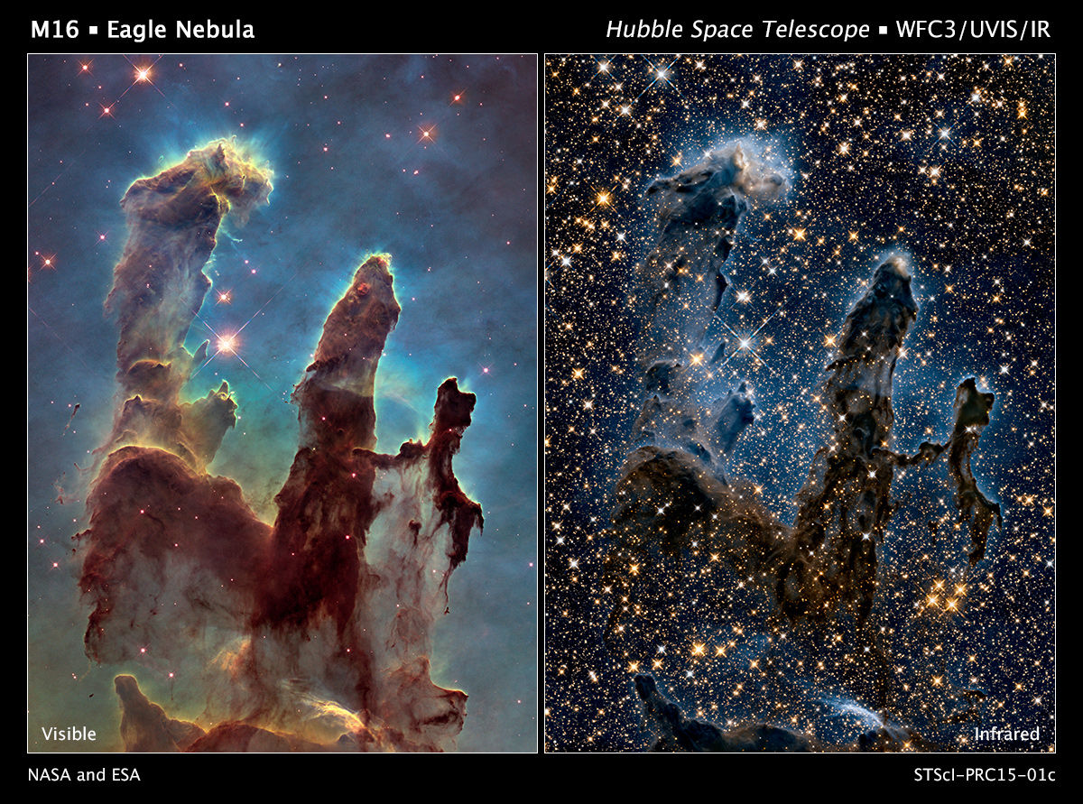 «Столпы Творения» в привычном нам видимом и ближнем инфракрасном свете / © NASA