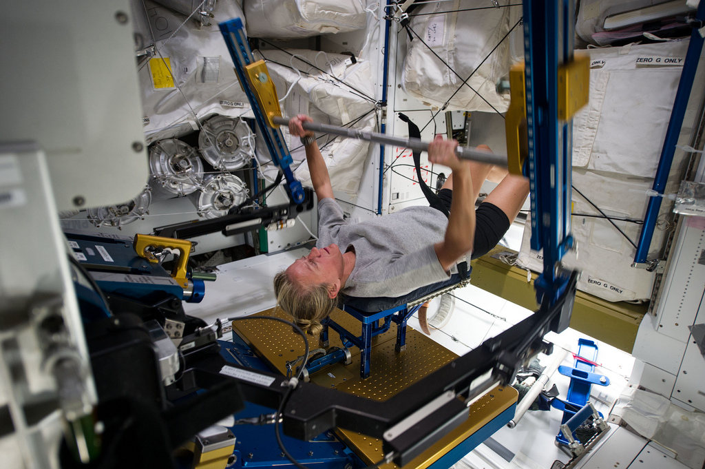 Силовые нагрузки космонавтам еще нужнее, чем кардио. Вместо тяжелых блинов – вакуумные цилиндры, создающие сопротивление / © NASA/ESA