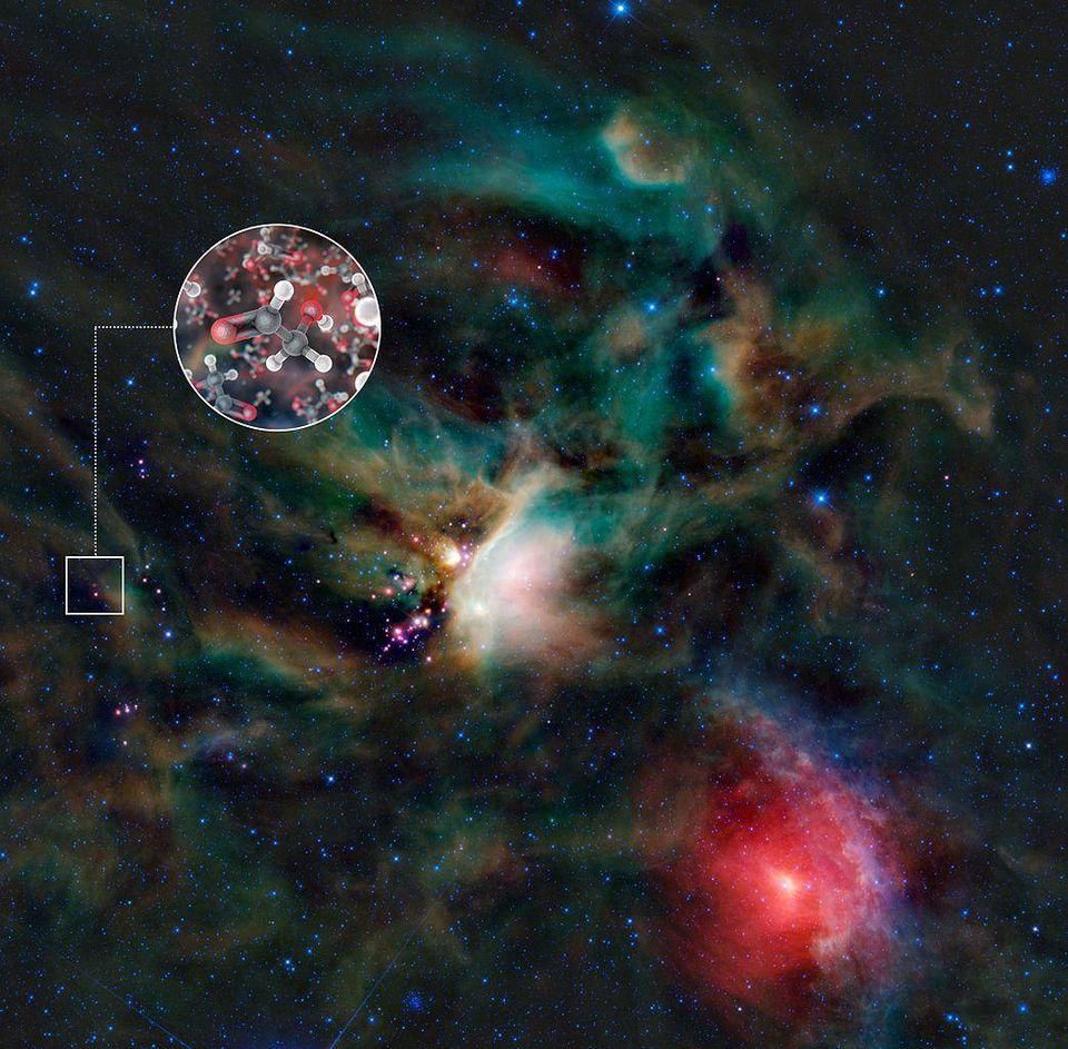 Молекулы сахара, окружающие молодую солнцеподобную звезду. Редкие ингредиенты для жизни могут существовать повсюду, но не каждая содержащая их планета разовьет жизнь / © ALMA/ESO/NAOJ/NRAO/L. Calçada/NASA/JPL-Caltech/WISE Team