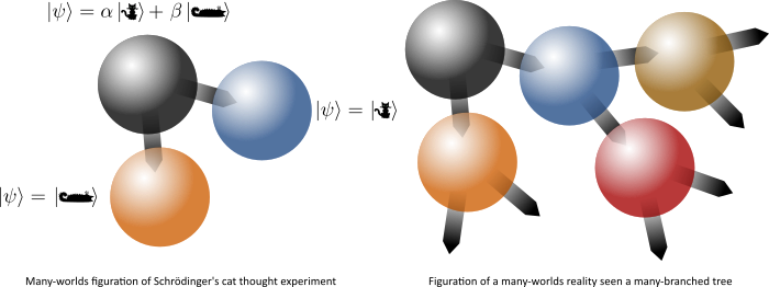 Образование множественных миров, исходя из мысленного эксперимента «кот Шредингера» (слева); формирование многомировой реальности (справа) / © Quantum Bits