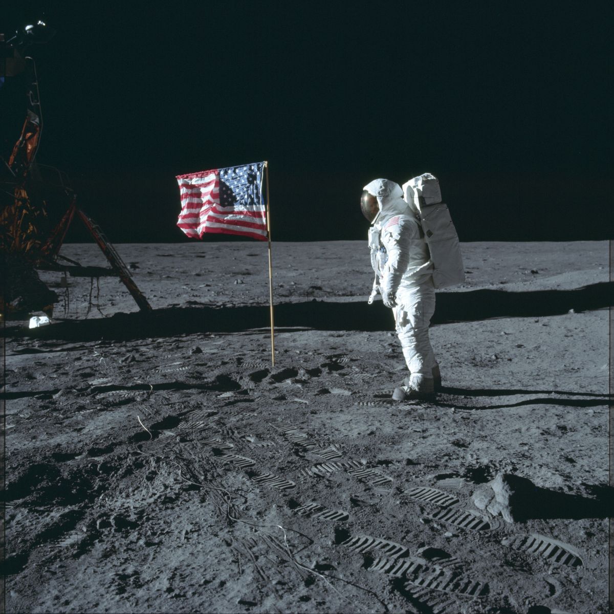 Базз Олдрин рядом с флагом США, установленным на Луне во время миссии «Аполлон-11» / © NASA