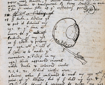 «Эксперимент по воздействию на глаз» из записей Исаака Ньютона (1665<span>–</span>1666 гг.). Фотография предоставлена библиотекой Кембриджского университета.